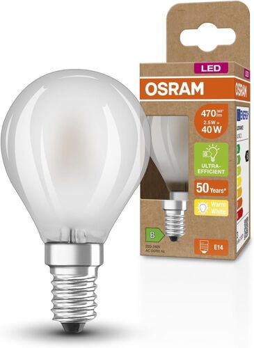 KAL-Superstar + Classic P Glfr 40 Led Lamp, E14, Miniball Shape, 2,5W, 470Lm, 2700K, Lumière Blanche Chaude, Technologie De Filament Led, Efficacité Énergétique Classe B