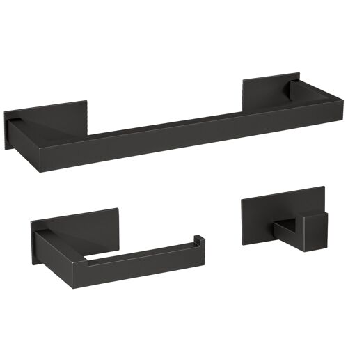 Valaz Accessoires de salle de bain adhésifs collés sans perçage noir mat carré Porte-serviettes 40cm + Cintre + Dérouleur papier toilette - 3 Cintres