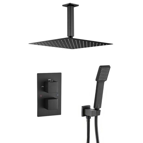 Valaz Douche thermostatique encastrée carrée noir mat - Série Eresma - 30 cm