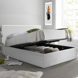 Lit Coffre Avec Tête De Lit En Simili Cuir Blanc 140x190 Cm