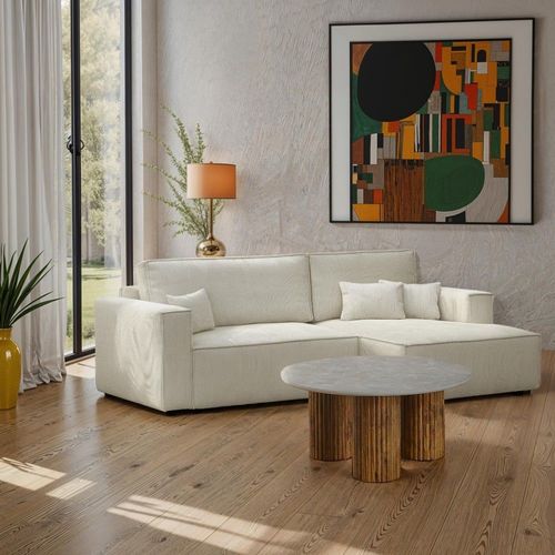 Canapé D'angle Droit Convertible 3 Places - Velours Côtelé Beige