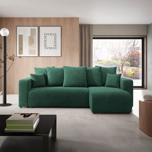 Canapé d'angle droit convertible 4 places en tissu vert
