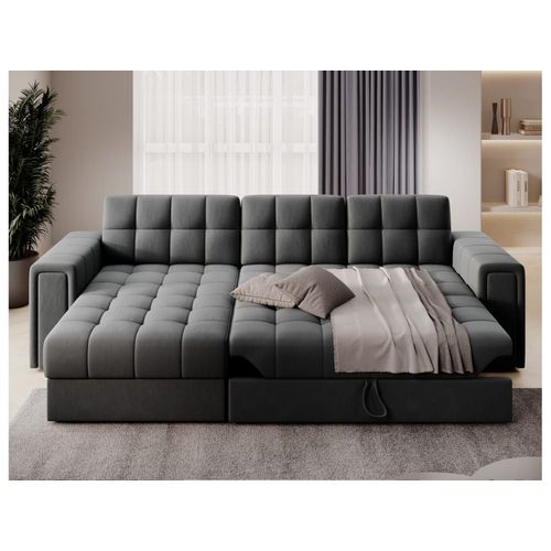 Canapé D'angle 3 Places Convertible En Tissu - Gris Foncé
