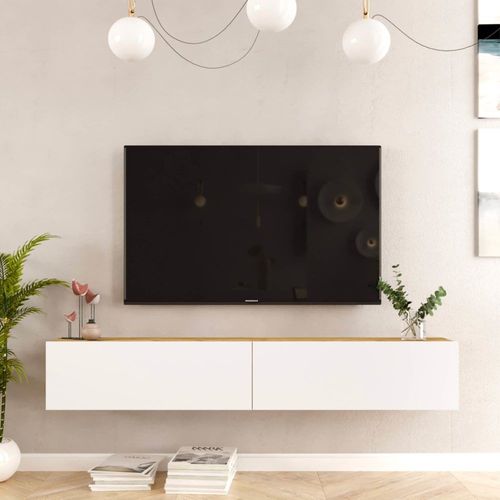 Meuble Tv Suspendu Avec 2 Portes Blanc Et Marron Clair, L 180 Cm