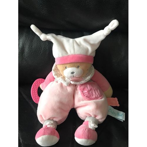 Doudou Peluche Pantin Ours Bonnet Rose Et Blanc P Tit Chat Baby Nat 30cm