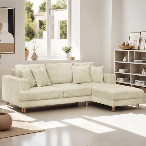 Canapé D'angle À Droite Convertible 4 Places En Velours Côtelé Beige