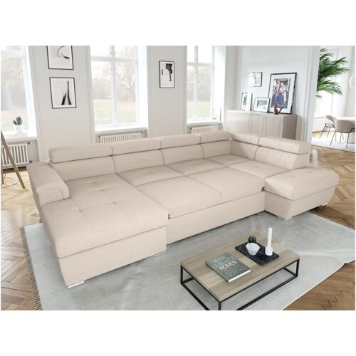 Canapé panoramique convertible avec 2 coffres en velours côtelé beige