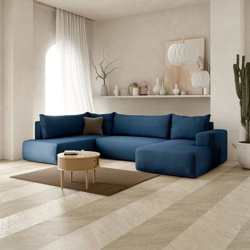 Canapé Panoramique Gauche 5 Places En Tissu Bleu Foncé