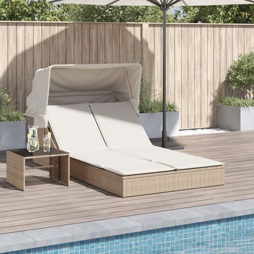 Vidaxl Chaise Longue Double Avec Auvent Et Coussins Beige Poly Rotin