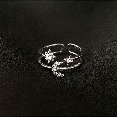 Xiyanike ¿ Bague Double Couche En Zircon Pour Femme, Couleur Argent, Étoile, Lune, Tendance, Simple, Doux, À La Mode, Bijoux Magnifiques