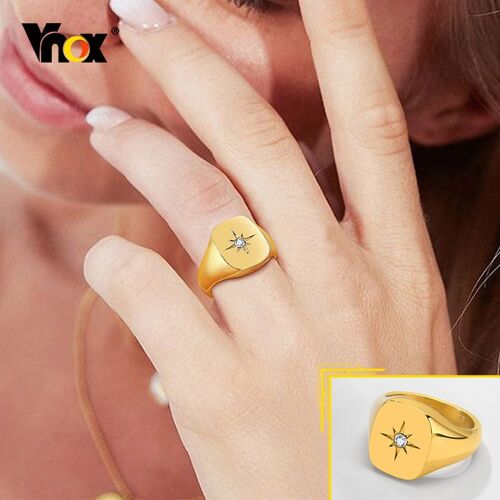Vnox ¿ Bague À Timbres Star Pour Femmes, Chevalière En Acier Inoxydable De Couleur Or Avec Pierre Aaa Cz, Bague Lourde Et Chic Et Minimaliste