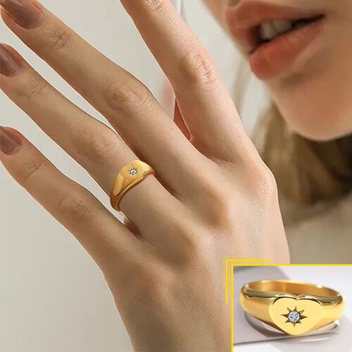 Vnox ¿ Bague À Timbres Star Pour Femmes, Chevalière En Acier Inoxydable De Couleur Or Avec Pierre Aaa Cz, Bague Lourde Et Chic Et Minimaliste