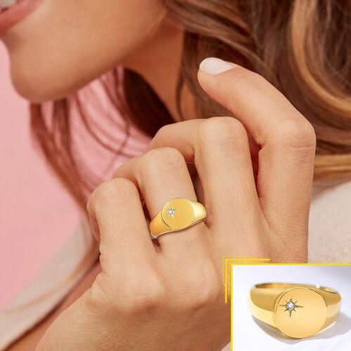 Vnox ¿ Bague À Timbres Star Pour Femmes, Chevalière En Acier Inoxydable De Couleur Or Avec Pierre Aaa Cz, Bague Lourde Et Chic Et Minimaliste