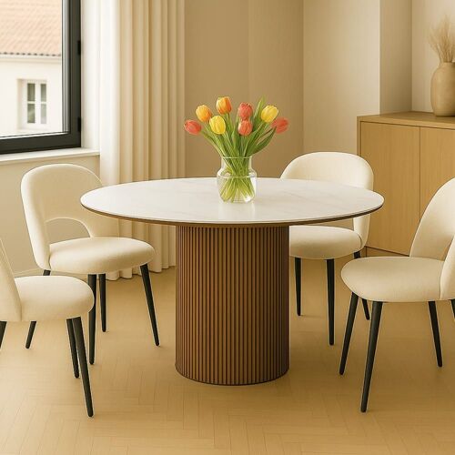 Table à manger ronde en céramique effet marbre et noyer 6 places
