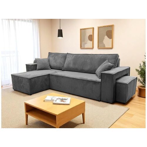 Canapé D'angle Convertible Avec Un Pouf En Velours Côtelé - Gris