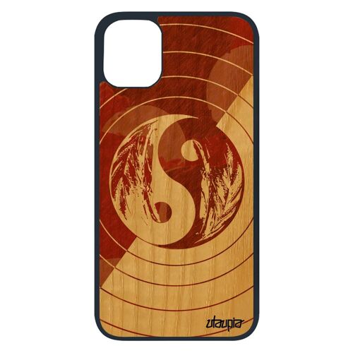 Coque en bois Yin et Yang telephone iPhone 11 pro silicone portable original dessin rond yoga femme caoutchouc souple noir art