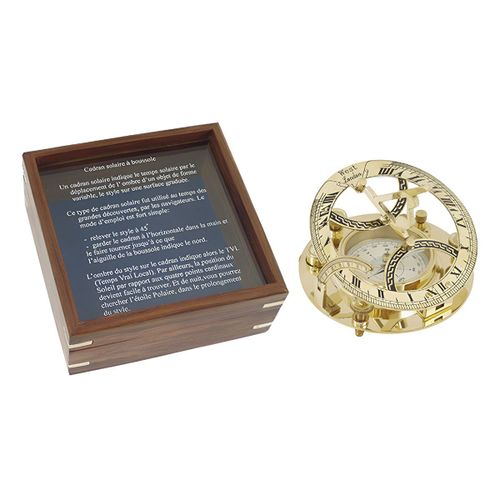 Cadran solaire à boussole en laiton avec coffret