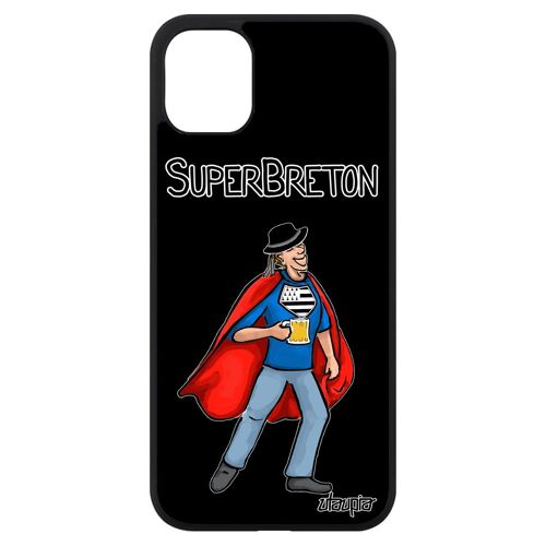 Coque pour iPhone 11 silicone super breton design drapeau bretagne heros bd etui comics texte cadeau d'anniversaire drole noir