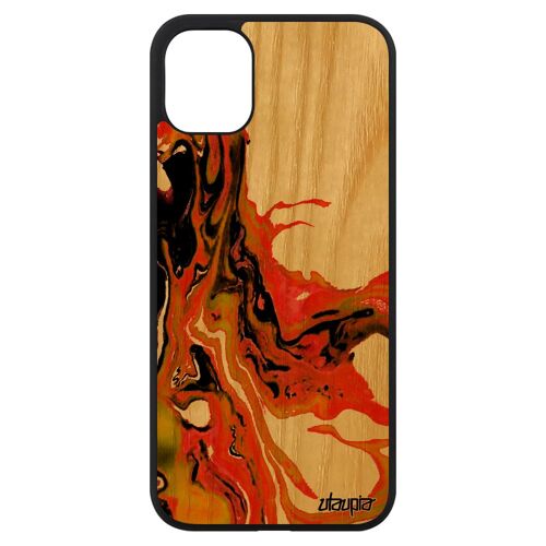 Coque pour iPhone 11 en bois silicone peinture jolie orange marbre portable smartphone acrylique antichoc effet matiere fond
