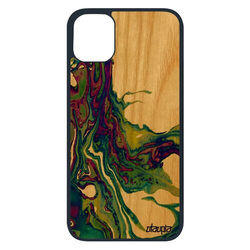 Coque pour iPhone 11 pro bois silicone peinture artisanal motif art jaune texture nature 4G coloré decoratif de protection TPU