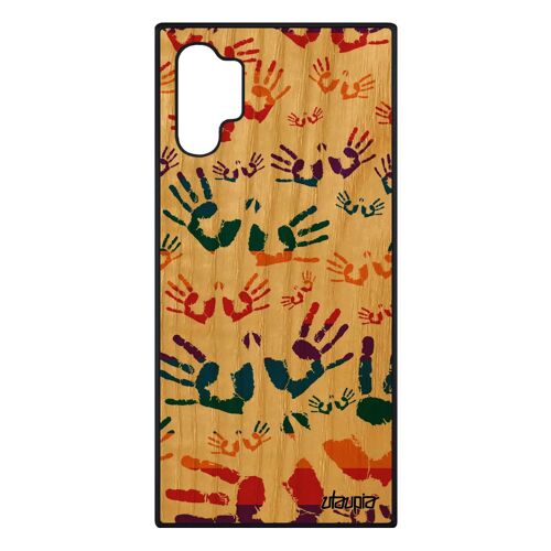 Coque silicone Samsung Galaxy Note 10+ Plus bois veritable empreinte main peinture portable coloré dessin Violet antichoc trace de