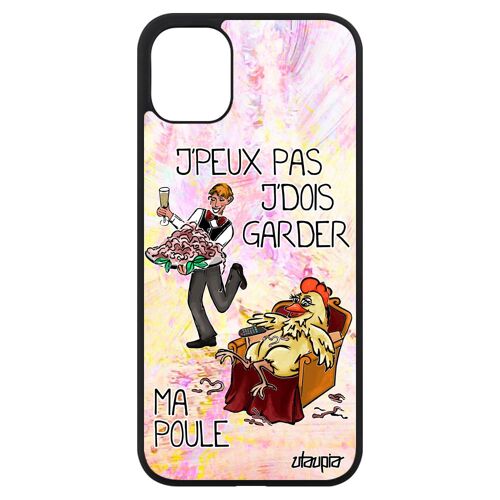 Coque iPhone 11 silicone j'peux pas j'dois garder ma poule cartoon aluminium jpeux dessin texte animaux noir violet papa drole