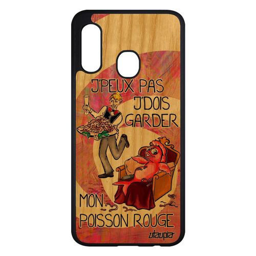 Coque j'peux pas j'dois garder mon poisson rouge Samsung Galaxy A20e bois silicone personnalisé bande dessinée je housse texte frêne