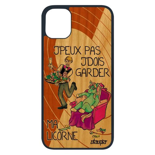 Coque silicone iPhone 11 pro bois j'peux pas j'dois garder ma licorne animaux humour drole cartoon orange je texte caoutchouc