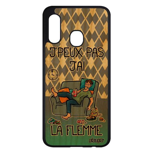 Coque Silicone J'peux Pas J'ai La Flemme De Protection Pour Samsung Galaxy A20e En Bois Naturel Et Bleu Je Texte Jpeux Portable
