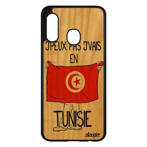 Coque bois pour Samsung A20e silicone j'peux pas j'vais en tunisie rigide foot Coupe d'afrique football drapeau tunisien noir galaxy