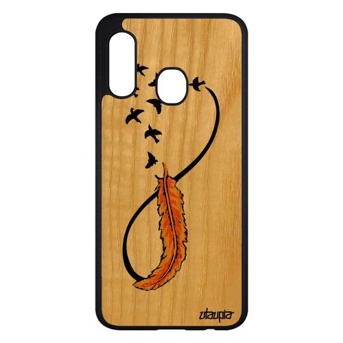 Coque en vrai bois infini pour Samsung A20e et silicone sans fin oiseau 4G portable amour pas cher Jaune plume etui nuage galaxy