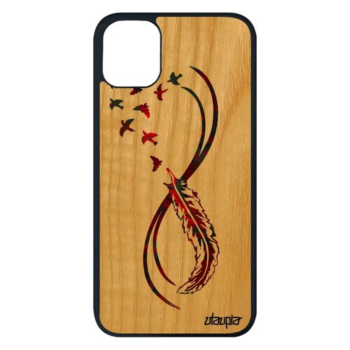 Coque Iphone 11 Pro Max En Bois Silicone Infini Oiseau Multicolore Plume Rouge Sans Fin Noir Smartphone Motif Couleur Housse