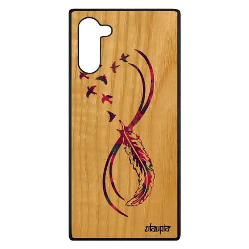 Coque infini pour Galaxy Note 10 en bois silicone femme mobile cadeau d'anniversaire plume Violet amour multicolore coloré Samsung