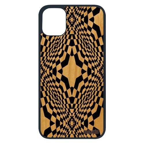 Coque bois pour iPhone 11 pro silicone illusion d'optique antichoc geometrie frêne losage effet art visuel noir etoile design