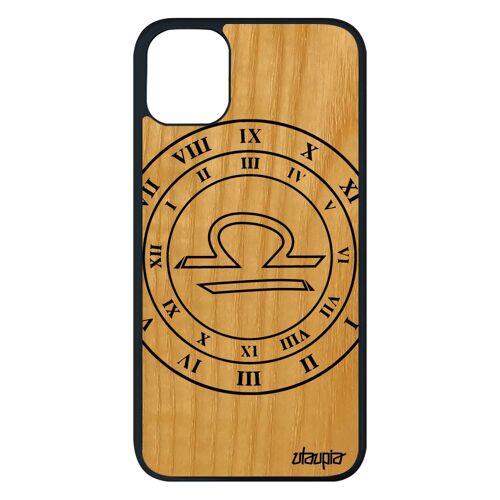 Coque pour iPhone 11 pro max bois silicone Signe astrologique balance Noir horloge astronomie housse frêne 128 Go noir etoiles