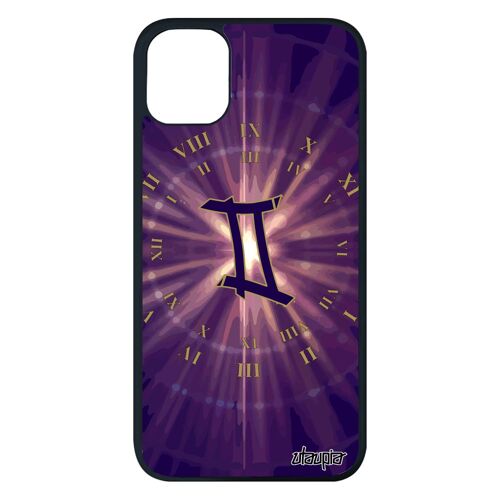 Coque iPhone 11 pro max en silicone Signe gemeaux noir rigide soleil symbole galaxie du zodiaque Violet unique etoiles case