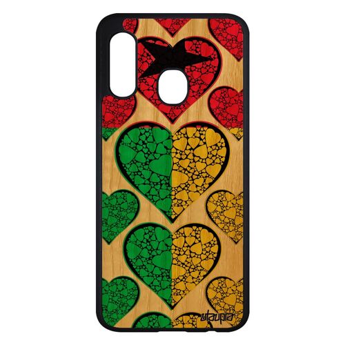 Coque pour Samsung Galaxy A20e en bois silicone drapeau guinee bissau guineen coupe du monde mobile foot case jo I love dessin coeur