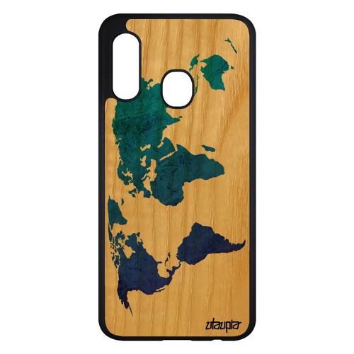 Coque pour A20e en bois silicone Carte monde atlas case planete cadeau bleu terre globe geographie motif SM-A202F de Samsung galaxy
