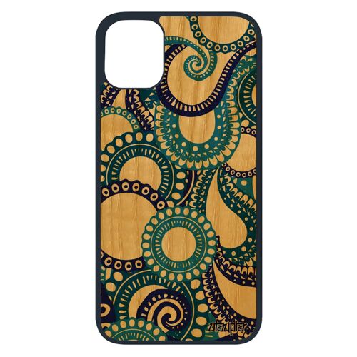 Coque iPhone 11 pro bois silicone motif cachemire TPU Femme ethnique indien fantaisie frêne 4G impression design Bleu housse