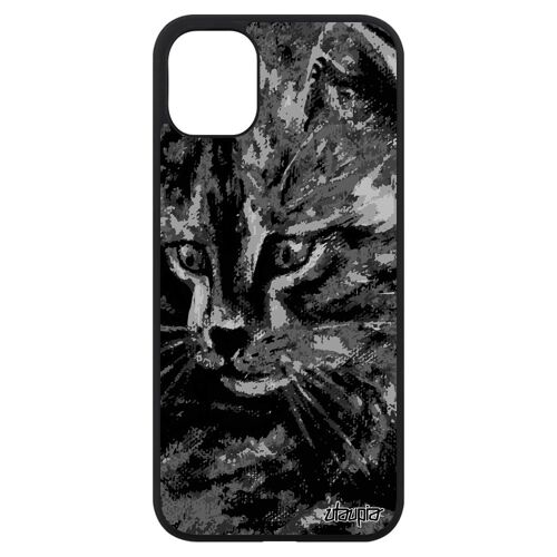 Coque antichoc pour iPhone 11 en silicone chat de protection noir et blanc felin minou dessin artiste 4G moustache gris
