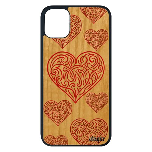 Coque pour iPhone 11 pro max bois silicone cur amour cadeau saint valentin femme mobile love amitie rouge telephone de luxe
