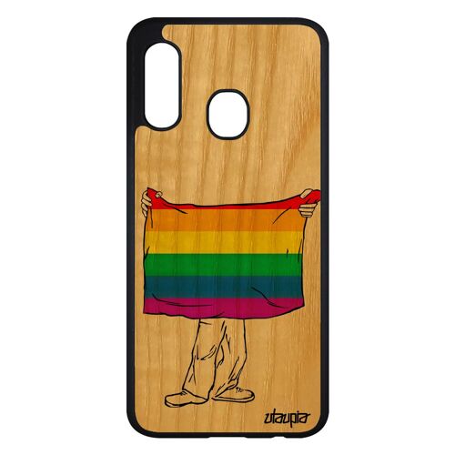 Coque Vrai Bois Rigide Samsung A20e Silicone Drapeau Gay Pride Dessin Lesbien Gaypride Rainbow Telephone Marche Des Fiertés Galaxy