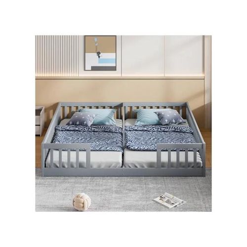 Lit rembourré, 90 x 200 cm, lit d'enfant avec rampe, avec sommier à lattes (sans matelas) gris