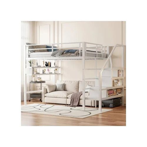 Lit Mezzanine, 140*200 Cm, Avec Espace Dressing Sous Le Lit, Incliné, Sans Matelas, Blanc
