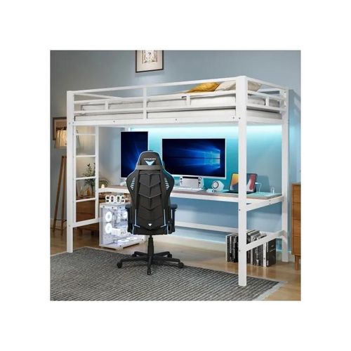 Lit Mezzanine, 90*200 Cm, Garde-Corps, Pied De Lit, Selon En747, Sans Matelas, Métal, Blanc