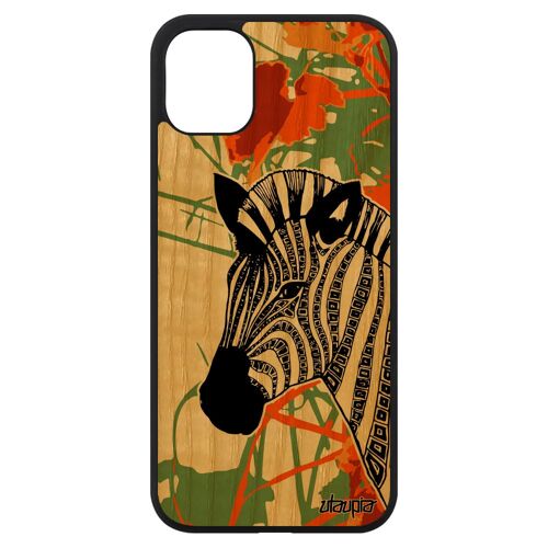 Coque iPhone 11 en bois silicone zebre homme tribal noir et blanc cheval dessin original azteque telephone case ethnique rayé