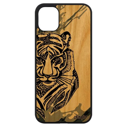 Coque Silicone Tigre Iphone 11 En Bois Housse Caoutchouc Dessin Peinture Mobile Gris Antichoc Tatouage Ethnique Animaux Felin