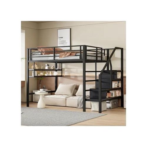 Lit Mezzanine, 140*200cm , Étagères, Échelle De Rangement, Espace Libre Sous Le Lit À Habiller, Garde-Corps, Sans Matelas, Noir