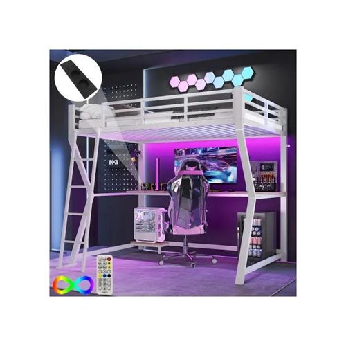 Lit mezzanine, 90*200 cm, éclairage d'ambiance à distance, mains courantes, escalier, sans matelas, blanc