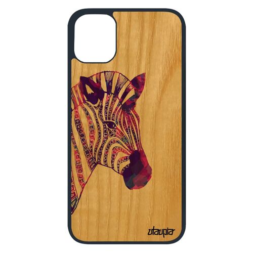 Coque en bois iPhone 11 pro silicone zebre multicolore noir dessin coloré tribal pastel telephone cheval noir et blanc mobile